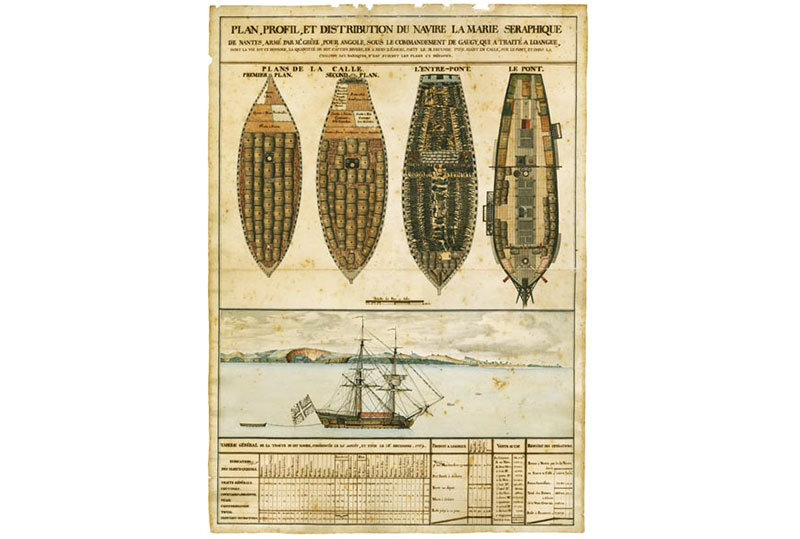 Plan, profil et distribution du navire la Marie Séraphique de Nantes, René Lhermitte, vers 1770, collection musée d’histoire de Nantes, château des ducs de Bretagne. (Loire-Atlantique) © Alain Guillard/LVAN.